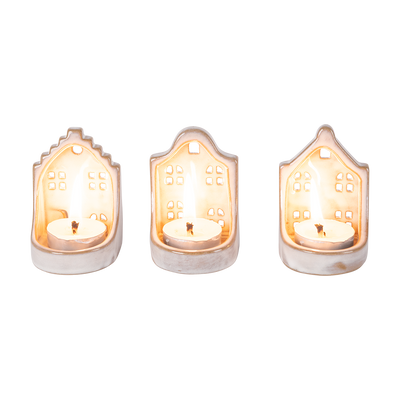 Juego 3 Portavelas de Casas Navideñas